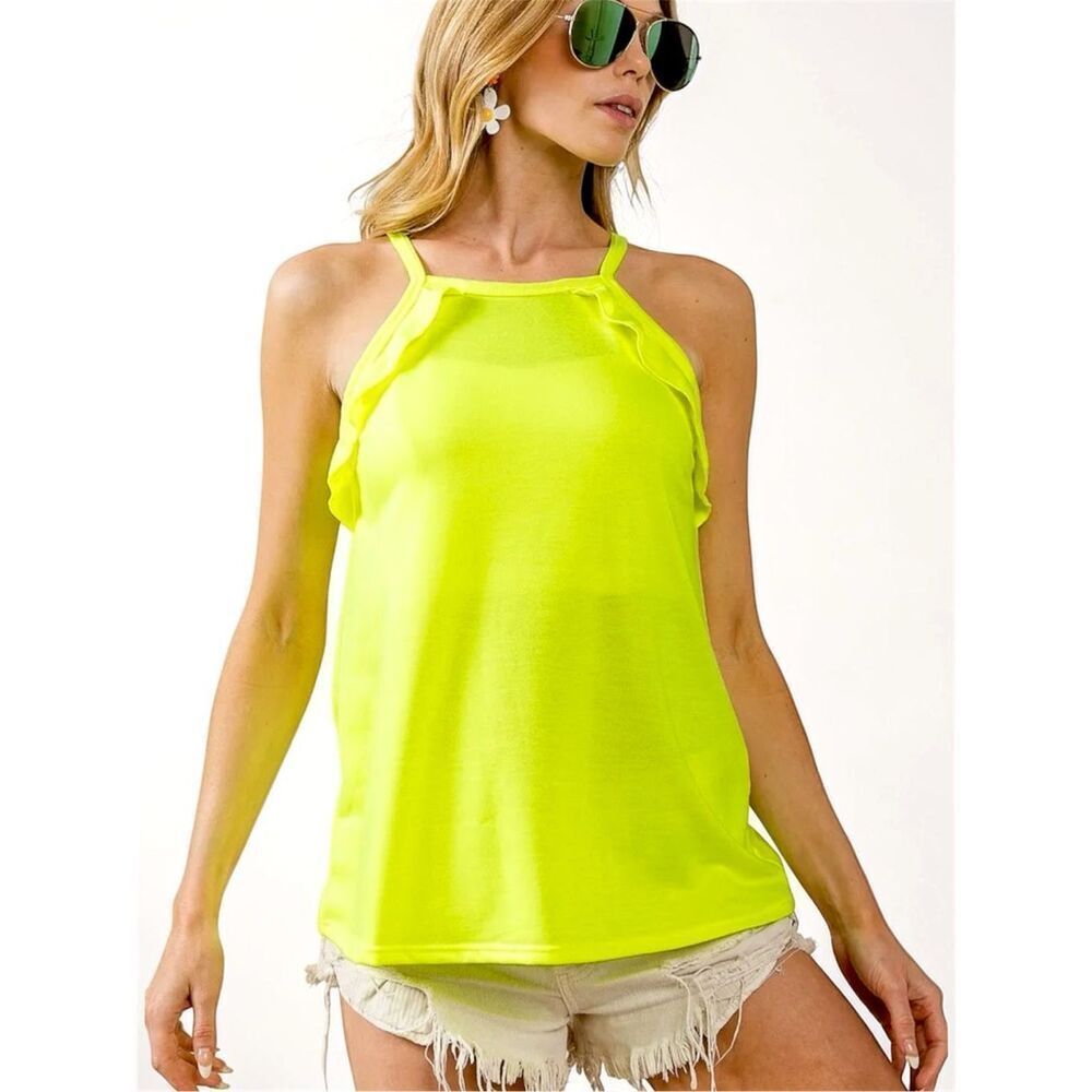 BiBi Neon Yellow Ruffle Sleeveless Top Halter Neck Tank Bright Summer Blouse NEW